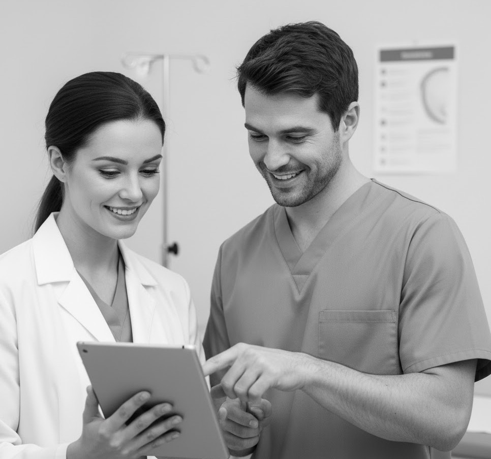 Medical doctor and nurse looking at the results of their content social media campaign