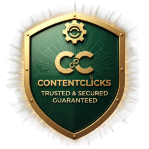 A dark green ContentClicks shield indicating that all work is guaranteed to be Trusted and Secured