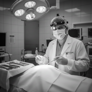 A plastic surgeon works diligently on a patient who has read a patient education guide