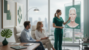 A plastic surgeon consulting with a quality lead