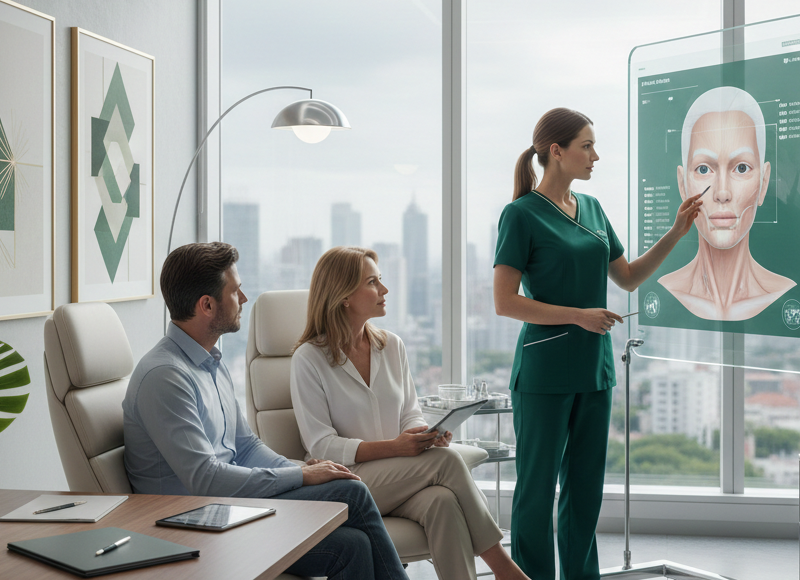 A plastic surgeon consulting with a quality lead