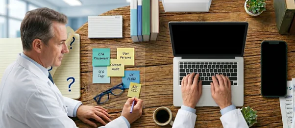 A clinic manager structures his data on his desktop before entering online
