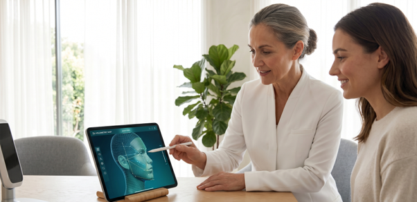 Cosmetic surgeon describing trends to a patient