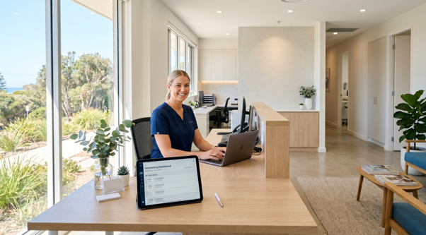 A dental receptionist waits ready to accept any new patient
