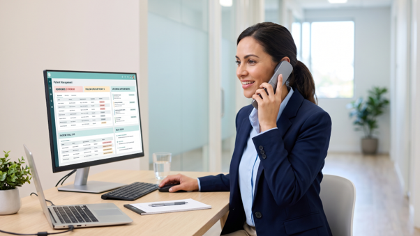 The dental receptionist accepts a call from a patient