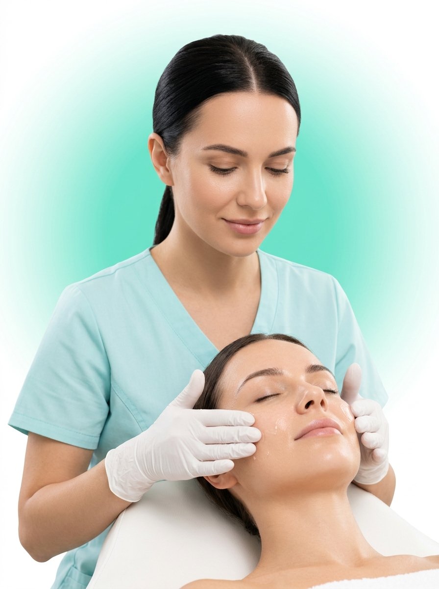 Dermatology aesthetician giving a hydrating facial to a client