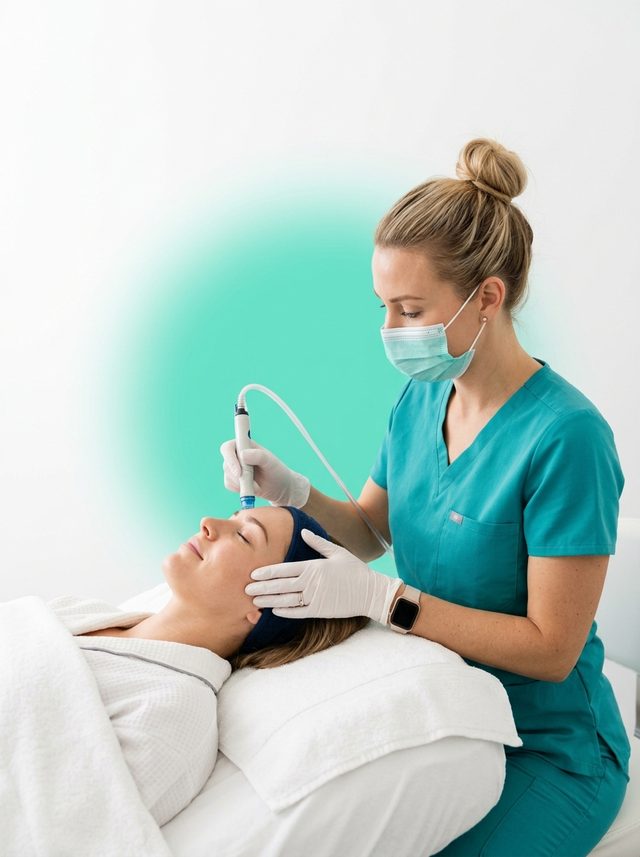 Aesthetician performing a medispa treatment on a relaxed client
