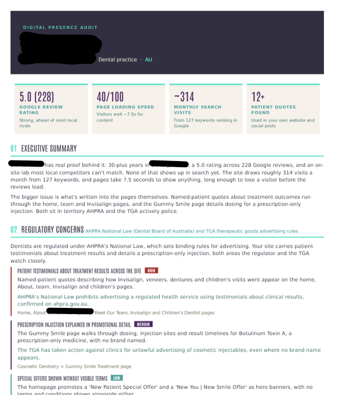A redacted page from a ContentClicks marketing risk audit showing a finding, its severity rating and its owner
