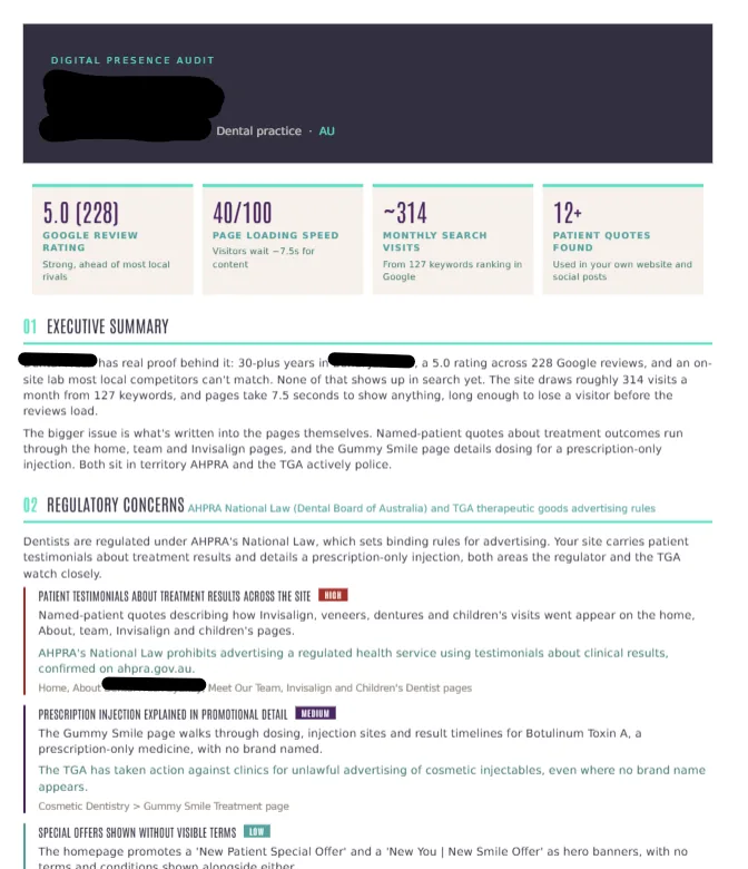 A redacted page from a ContentClicks marketing risk audit showing a finding, its severity rating and its owner