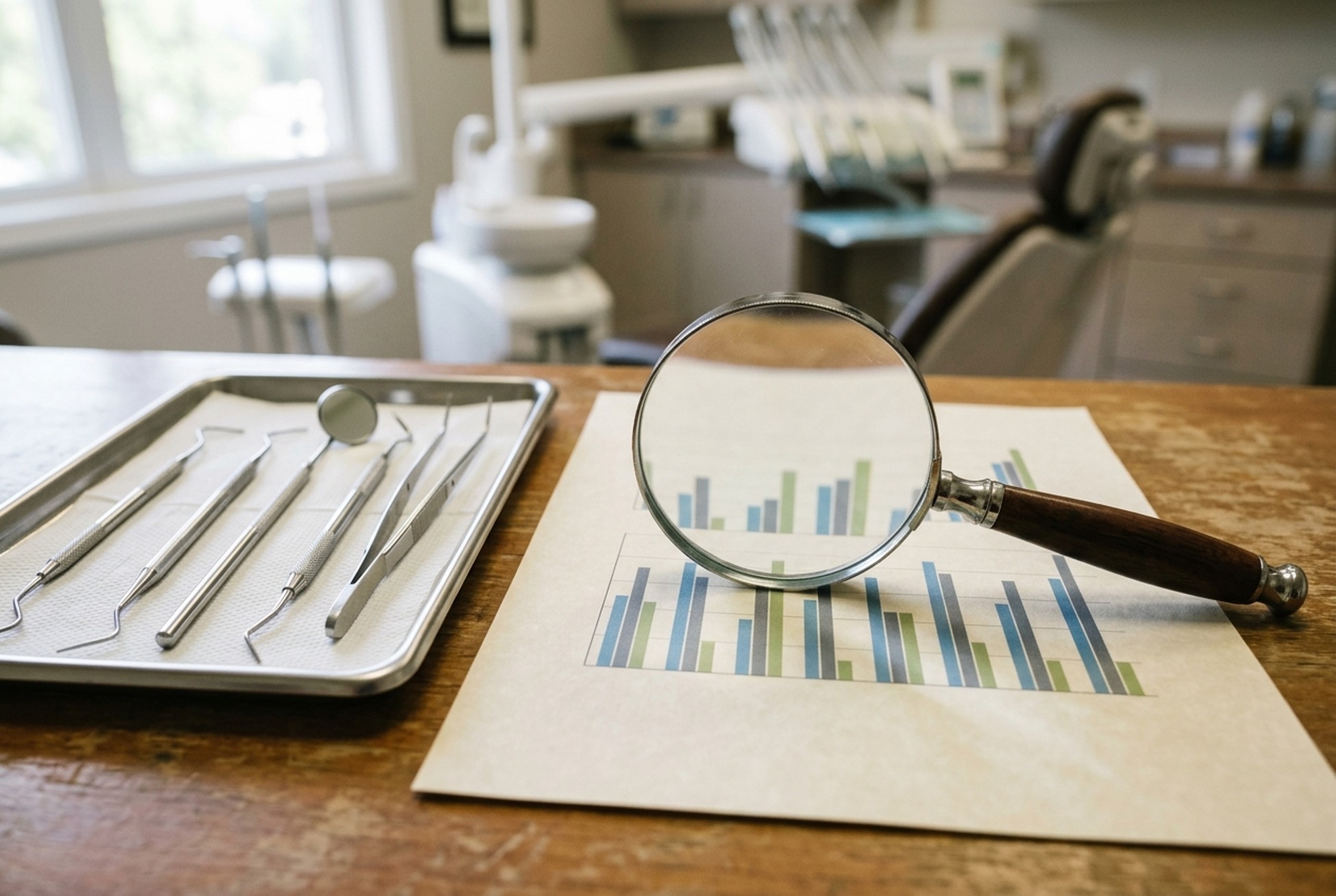 Dental instruments on a tray beside a printed performance chart under a magnifying glass in a treatment room
