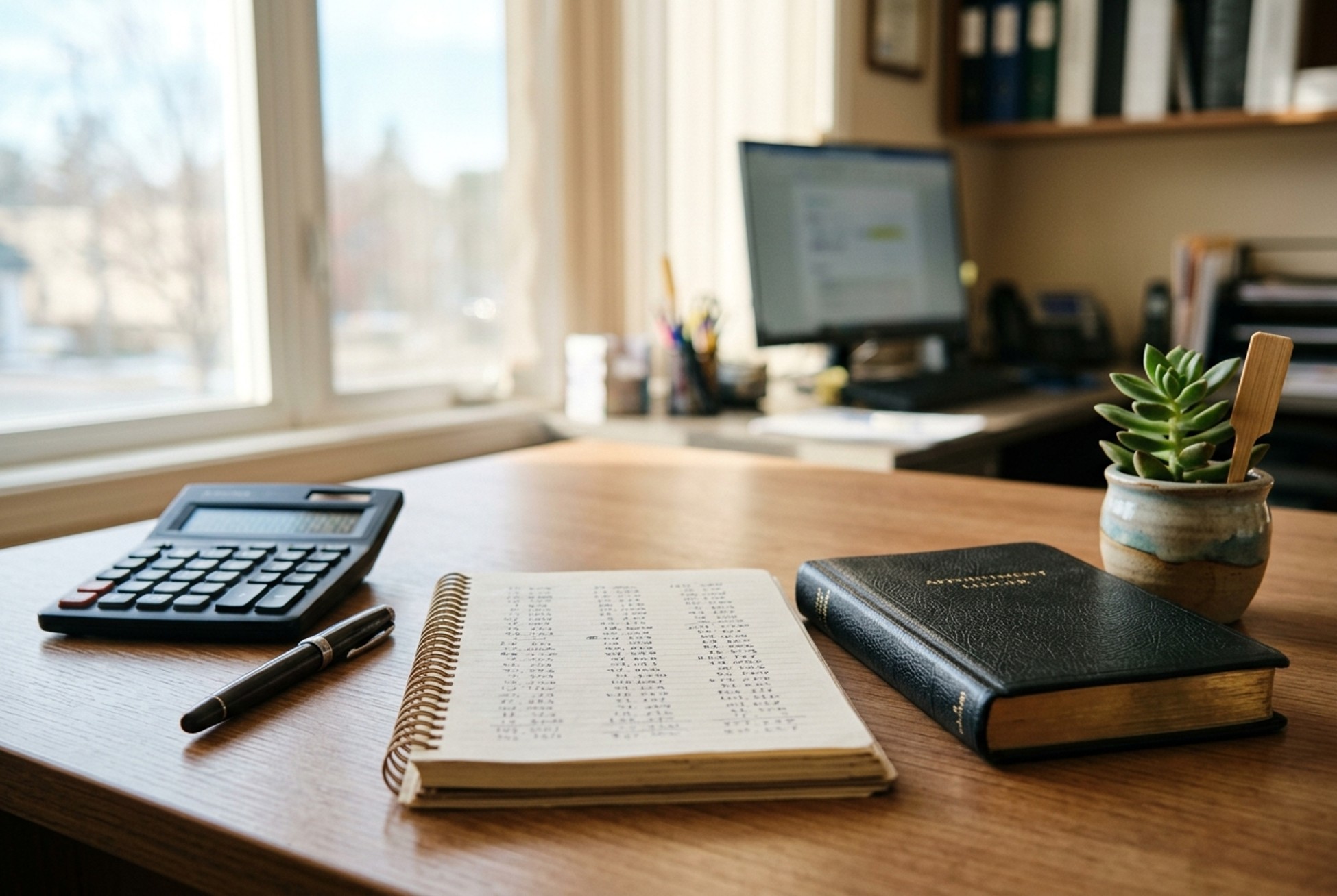 Calculator, pen, open ledger and appointment book on a practice manager's desk