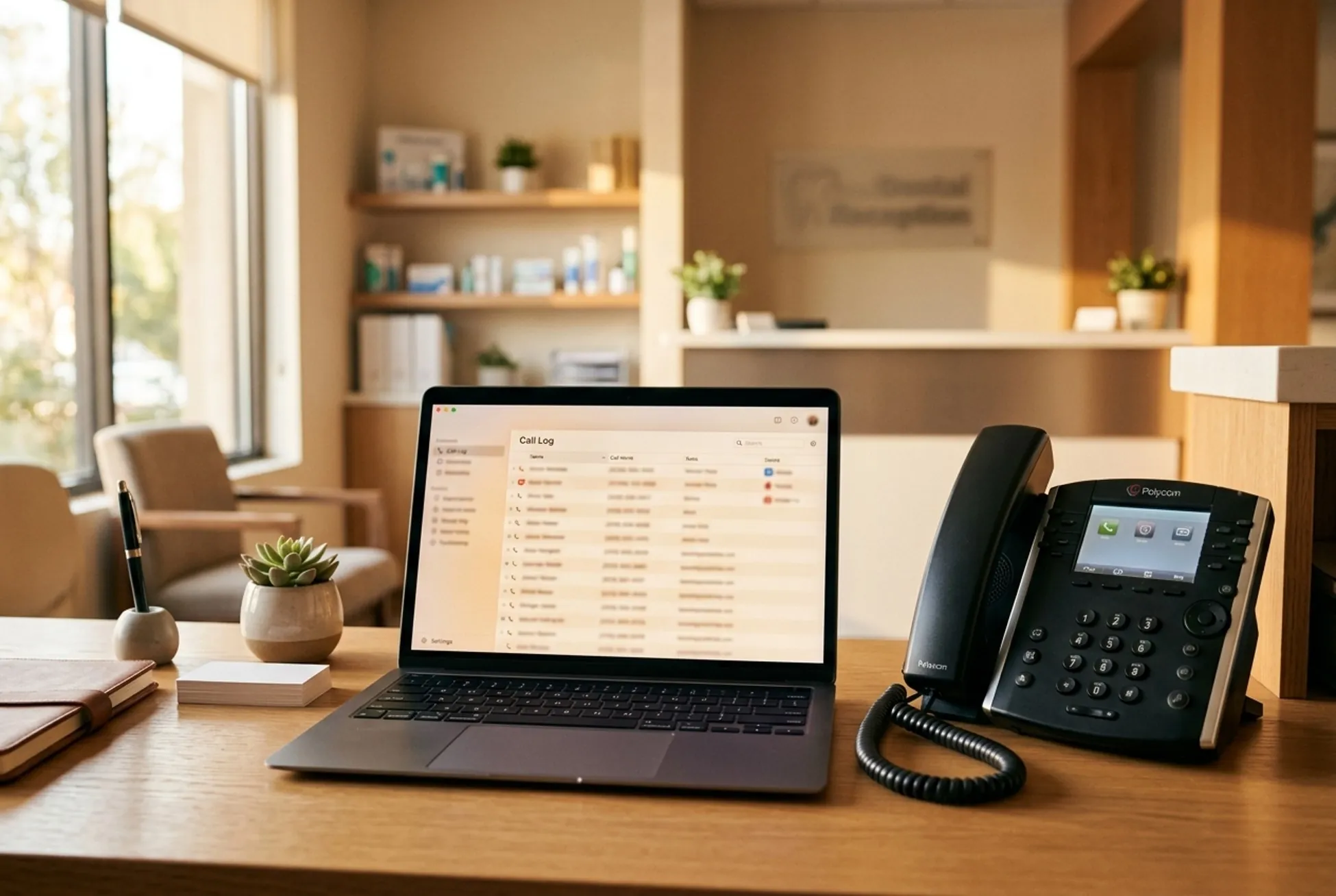 Laptop showing a call log next to a desk phone at a dental practice reception