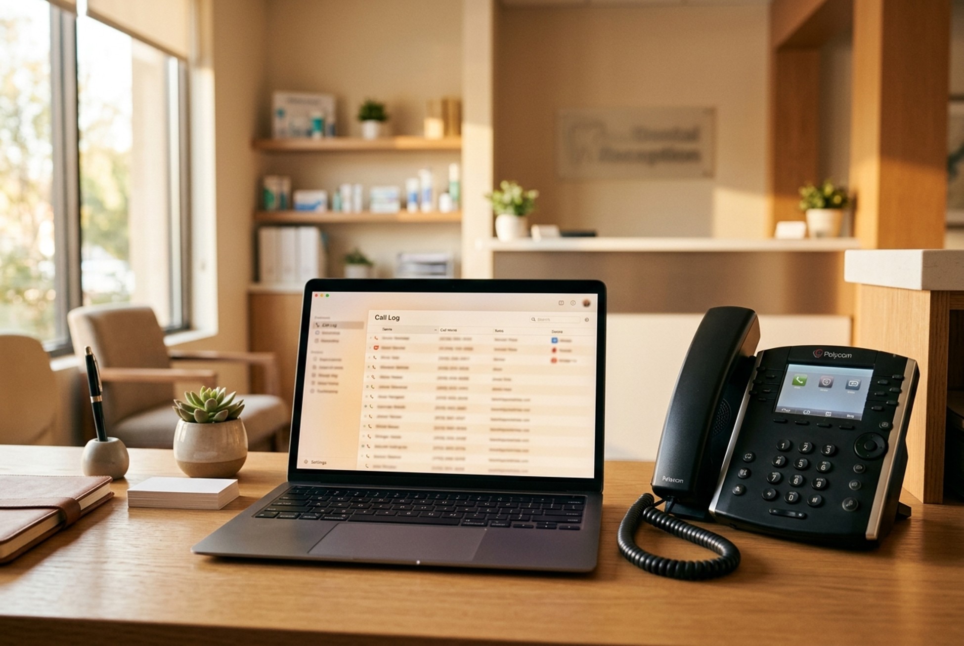 Laptop showing a call log next to a desk phone at a dental practice reception
