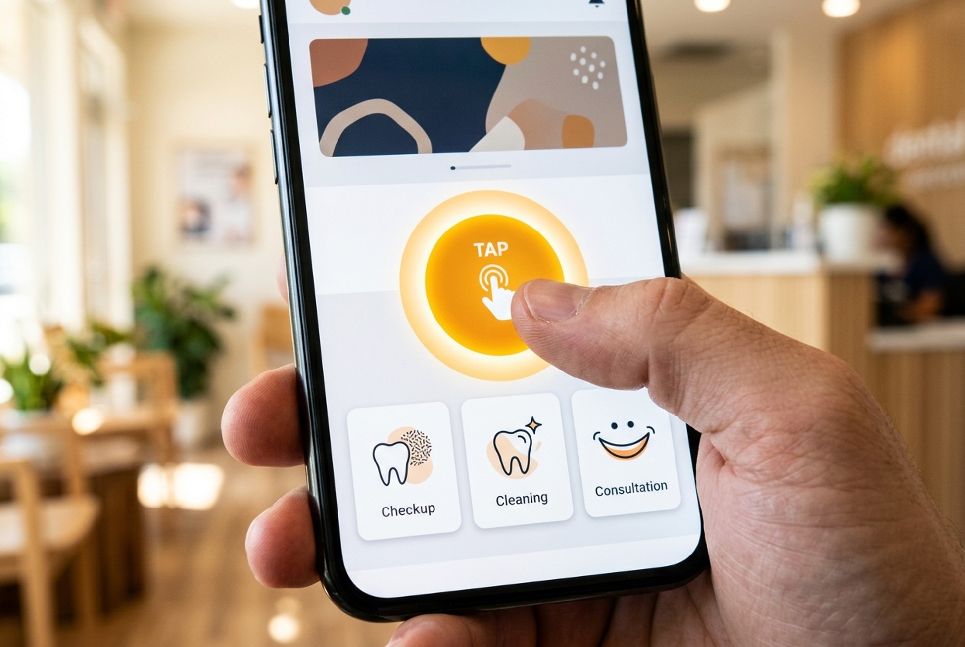 Patient holding a phone showing a dental practice booking screen with a large tap-to-book button and checkup, cleaning and consultation options