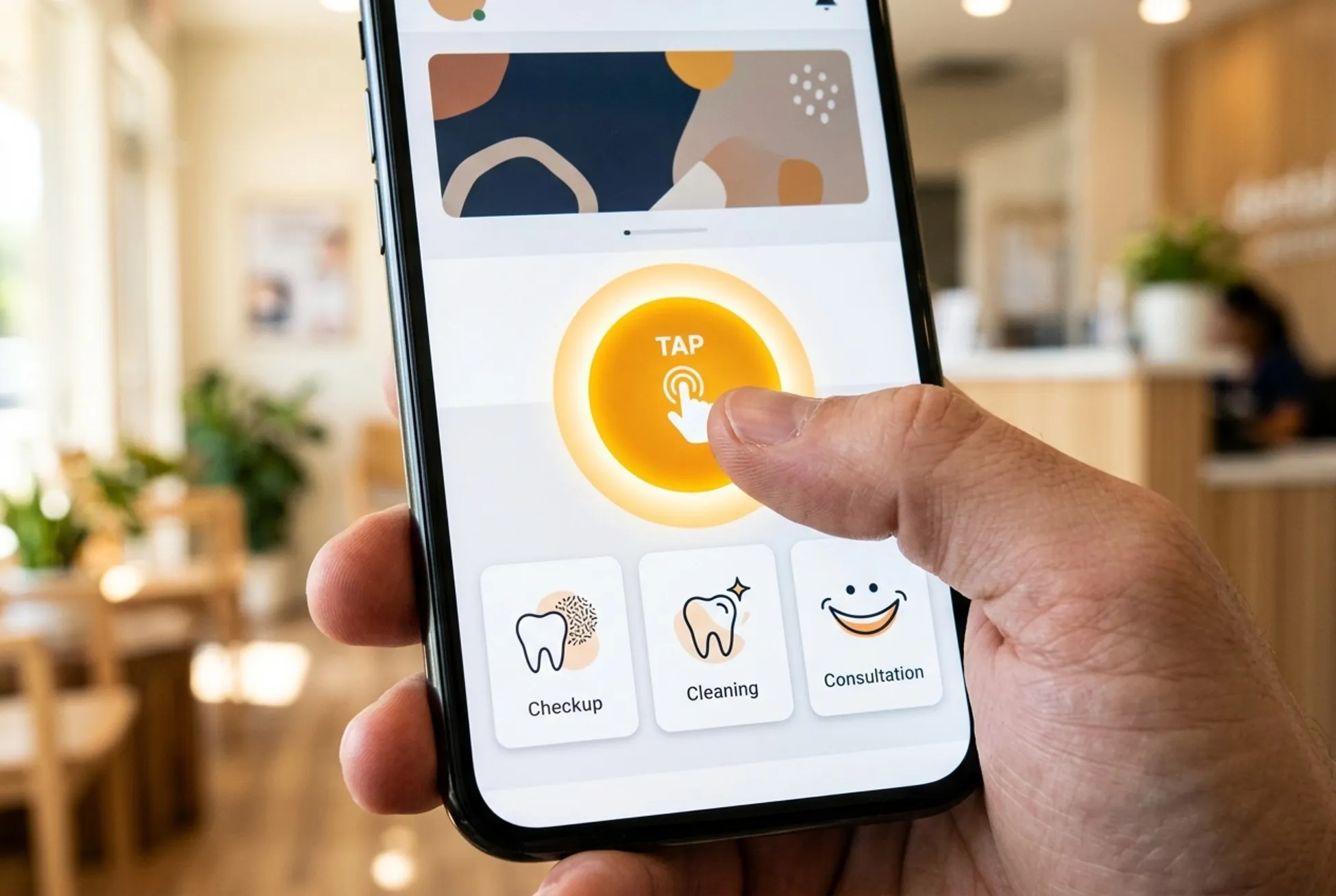 Patient holding a phone showing a dental practice booking screen with a large tap-to-book button and checkup, cleaning and consultation options