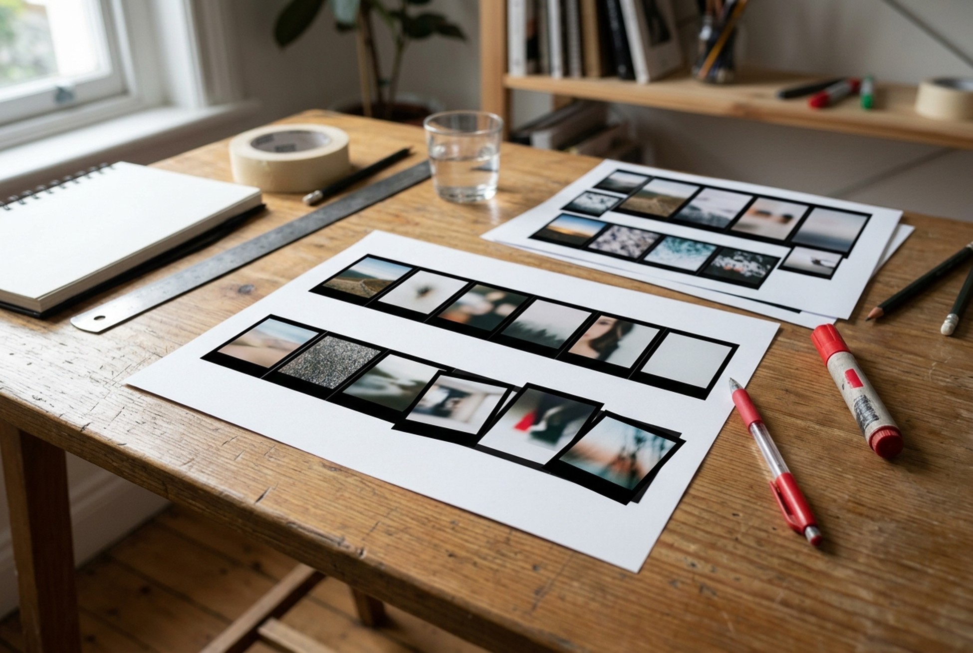 Contact sheets of photographs laid out on a studio desk with a ruler and marker pen for checking framing and consistency