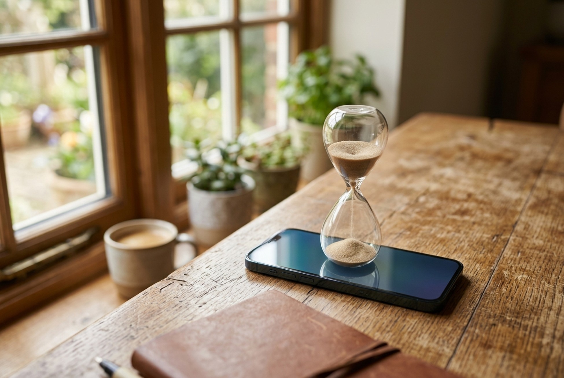 Hourglass resting on a smartphone on a wooden table, illustrating page load time