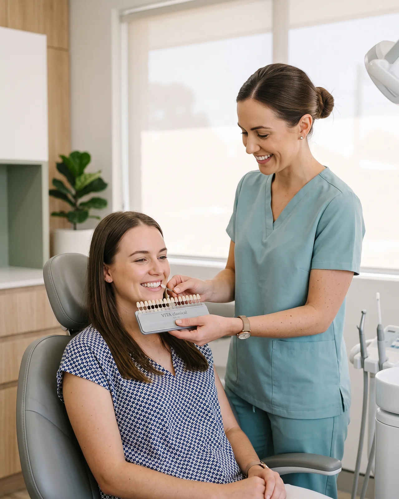 Female dentist fitting porcelain veneers for an adult patient at a modern Australian dental clinic