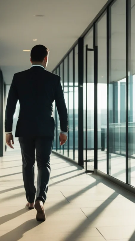 Fund manager walking through a corporate office