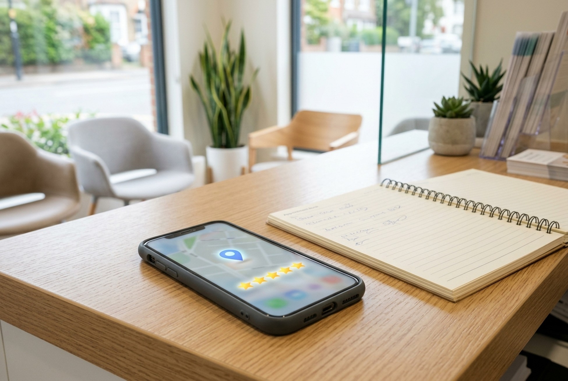 Phone on a clinic reception desk showing a five-star rating on a map listing, beside an appointment book