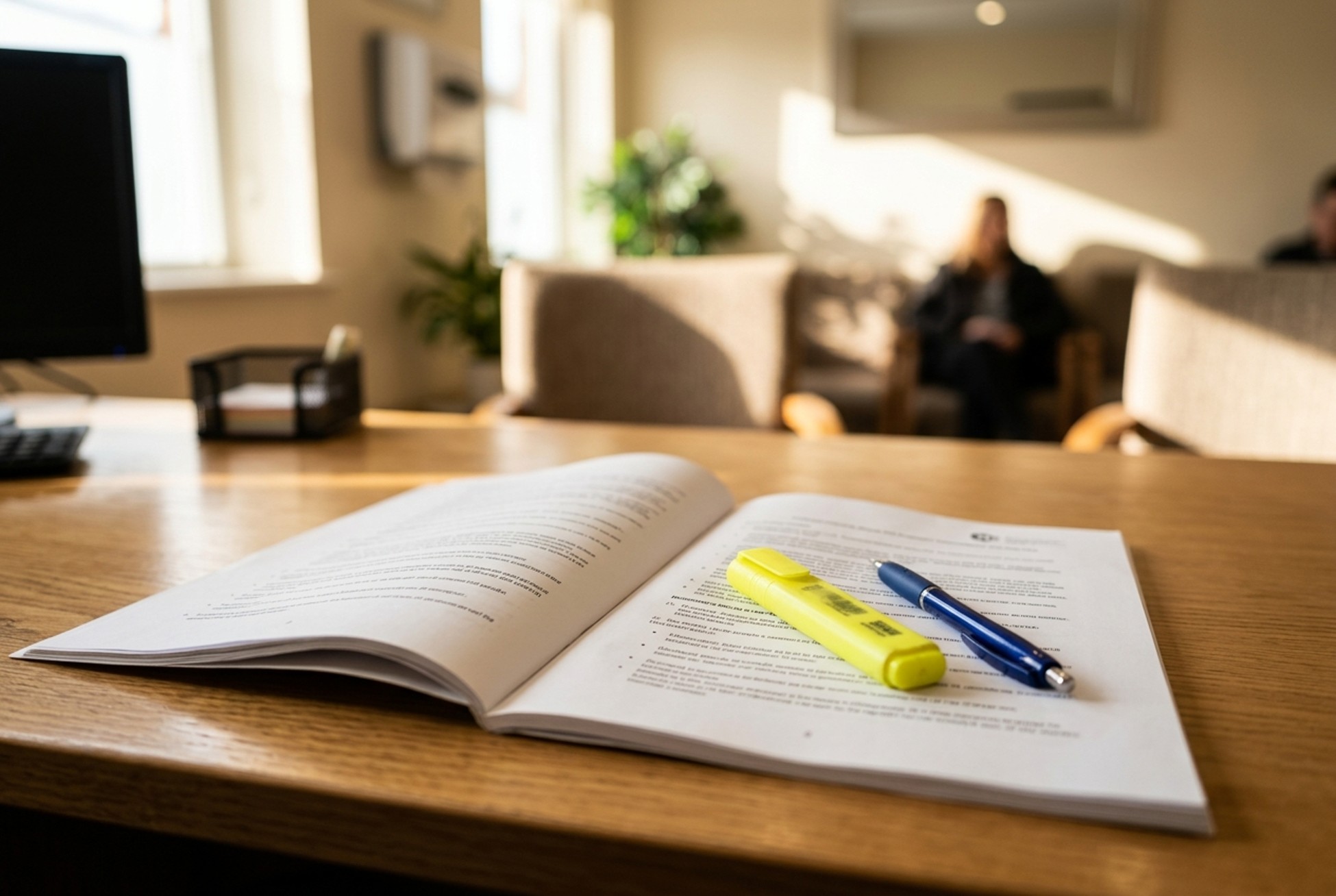 Open guidance document with a highlighter and pen on a practice desk, waiting room visible behind