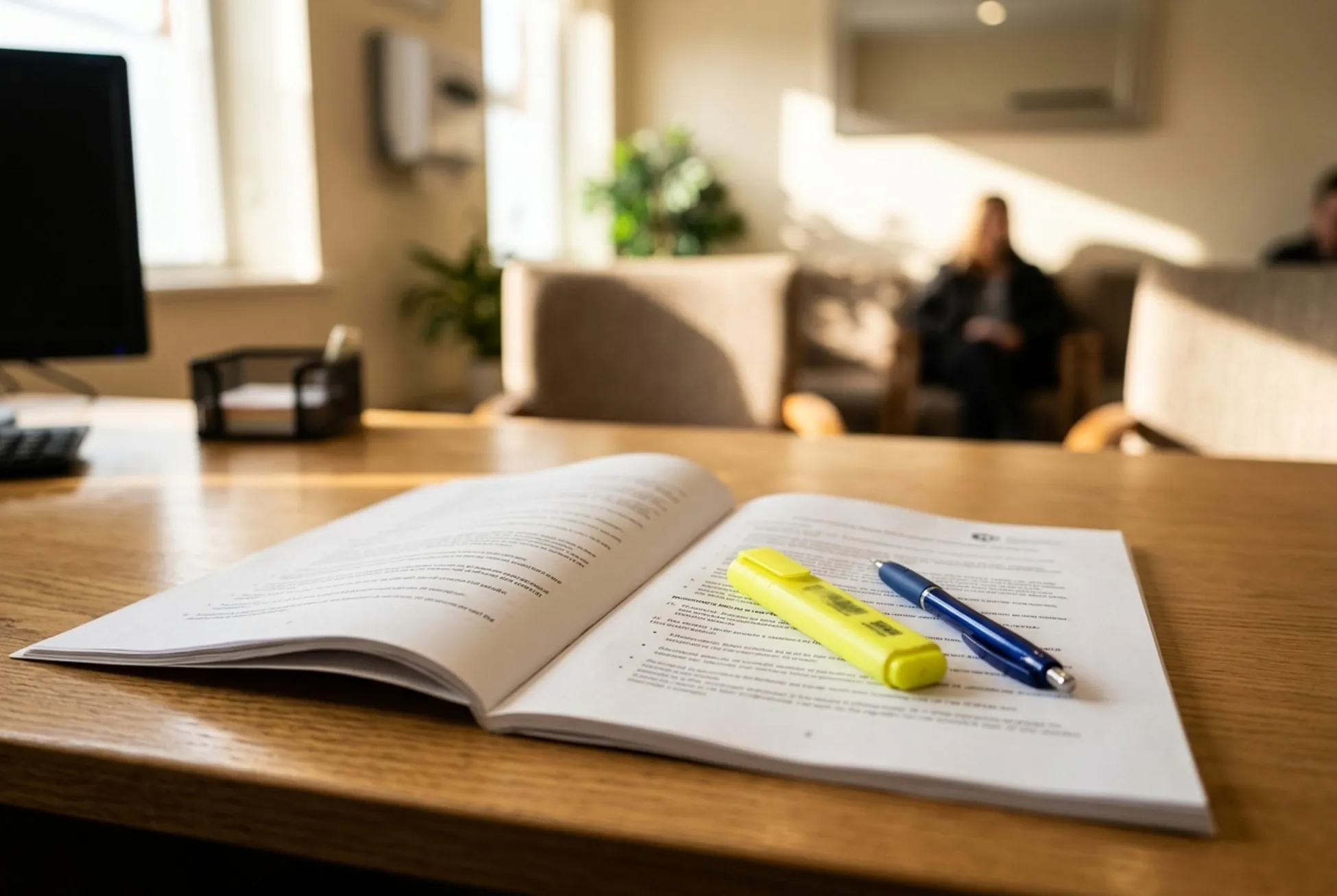 Open guidance document with a highlighter and pen on a practice desk, waiting room visible behind