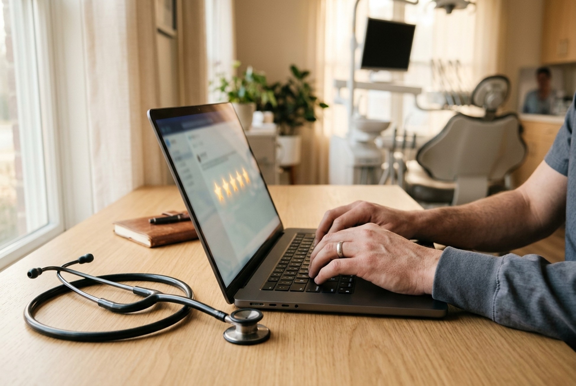 Hands typing a review reply on a laptop beside a stethoscope on a clinic desk