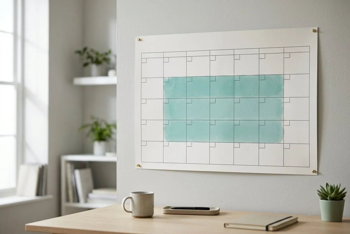 Wall calendar with a block of weeks shaded in teal above a tidy desk