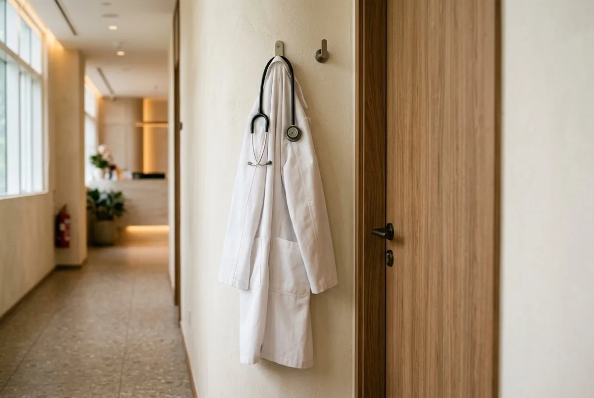 Doctor's white coat and stethoscope hanging on a clinic corridor wall