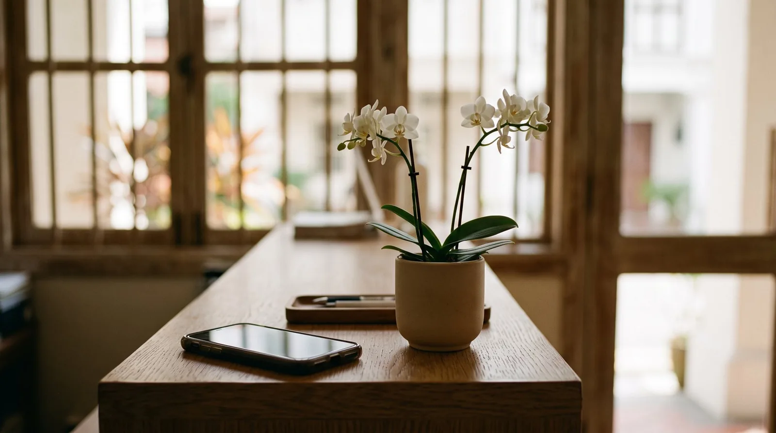 Smartphone on a timber counter beside a white orchid in a sunlit clinic