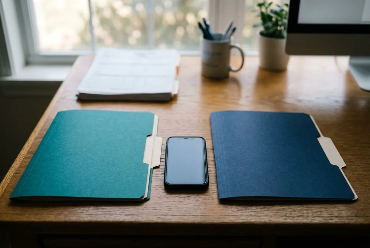 Two folders, one teal and one navy, on a desk with a smartphone between them