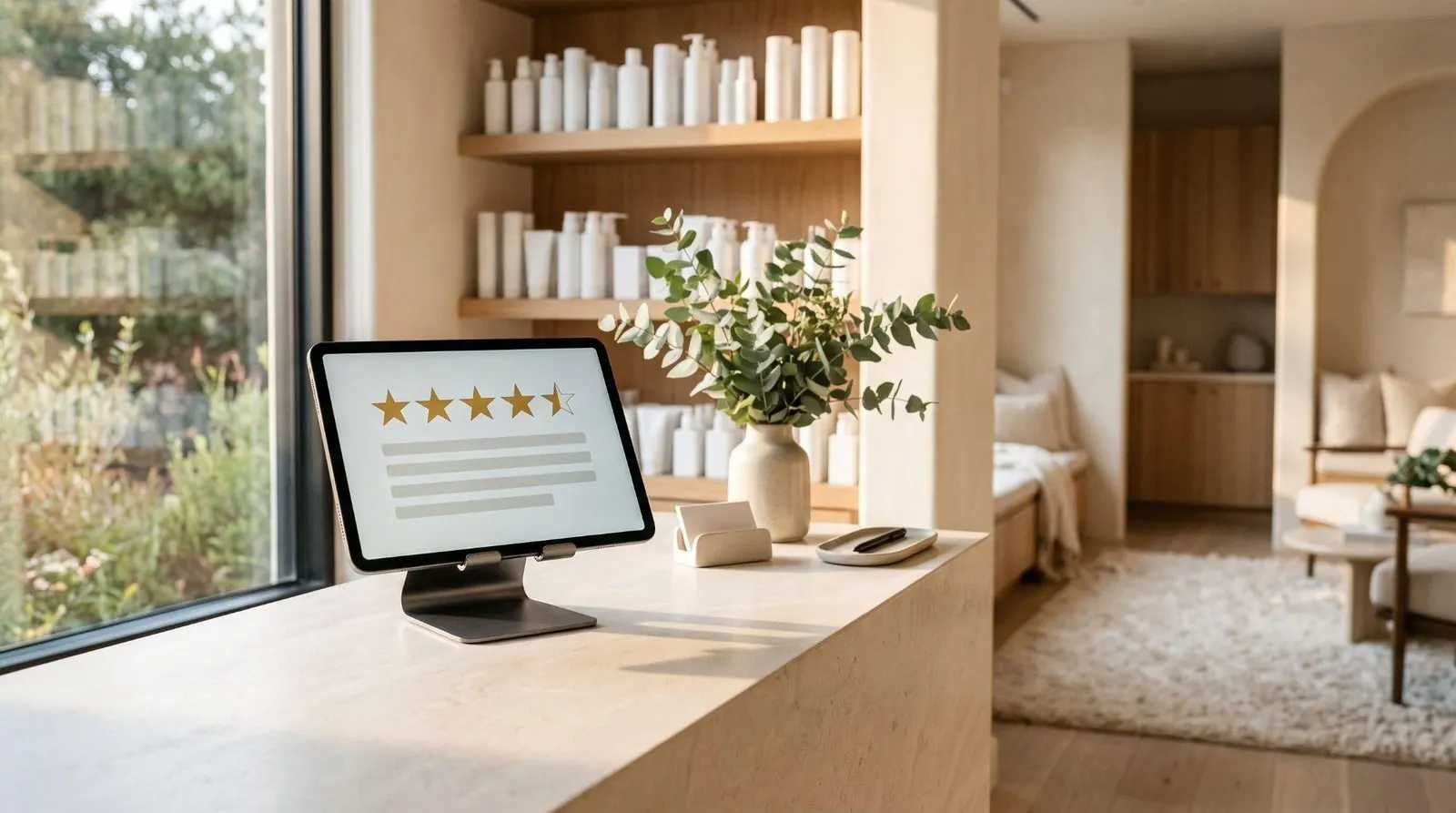 Tablet on an aesthetic clinic reception counter showing a four-and-a-half star patient review, with skincare products on the shelves behind