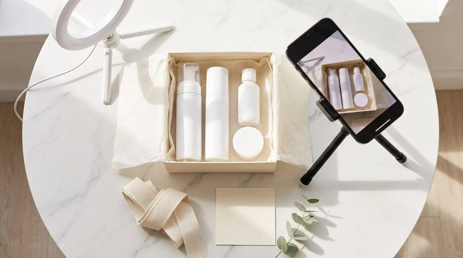 Gifted skincare products in an open box beside a ring light and a phone on a tripod filming them for a social media post