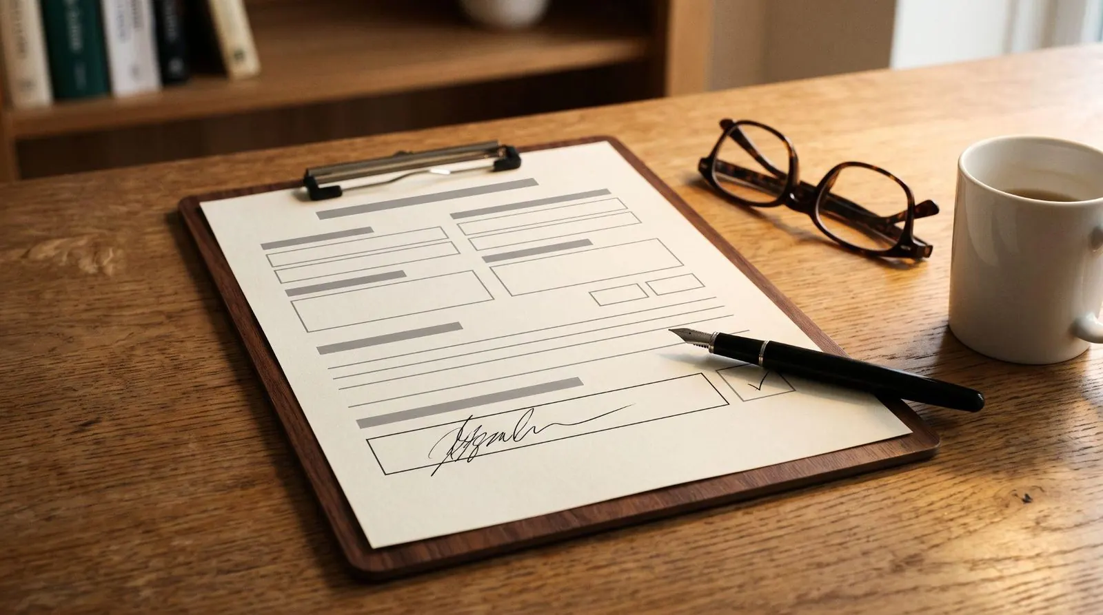 Signed patient authorization form on a clipboard with a fountain pen and a ticked consent box