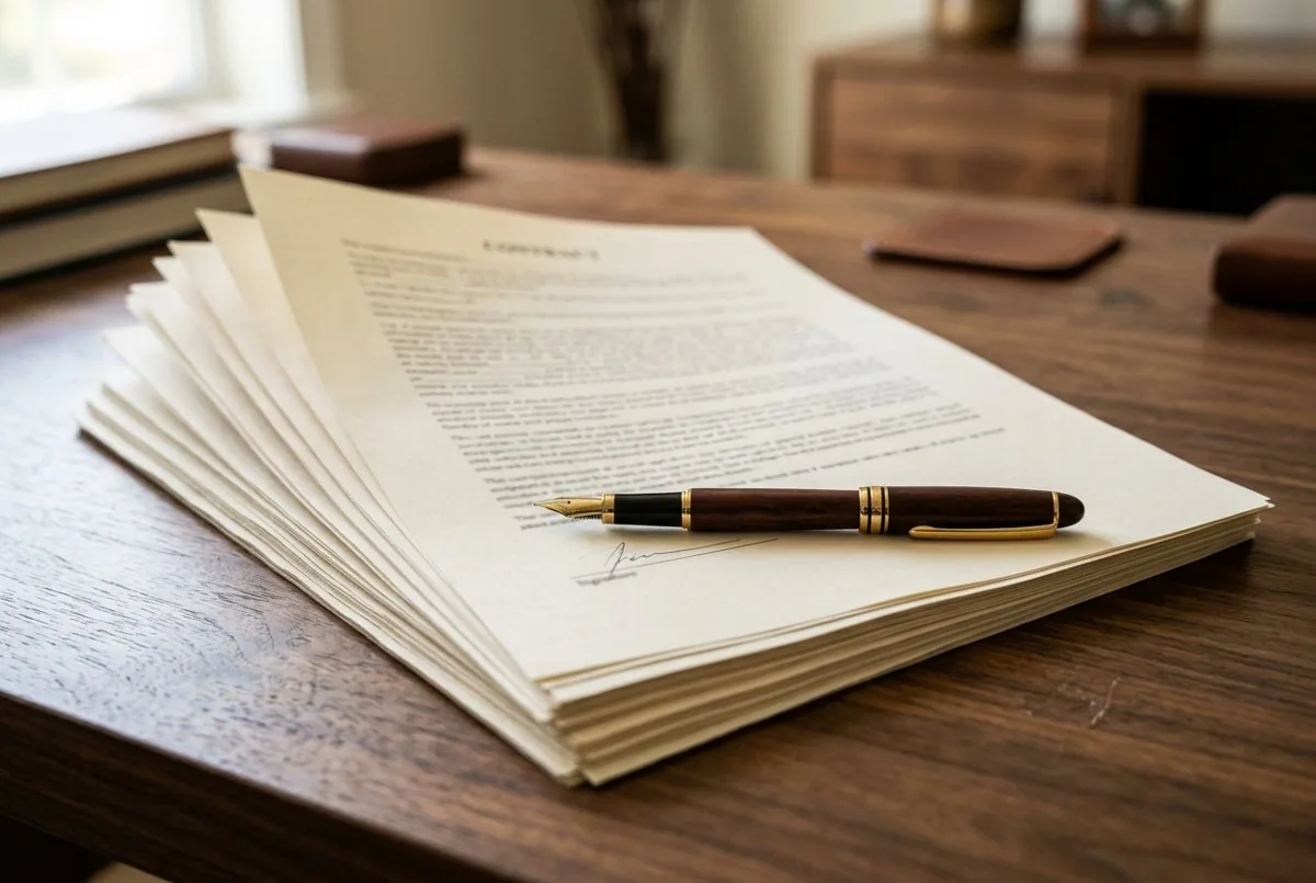 Stack of contract pages with a fountain pen resting on top