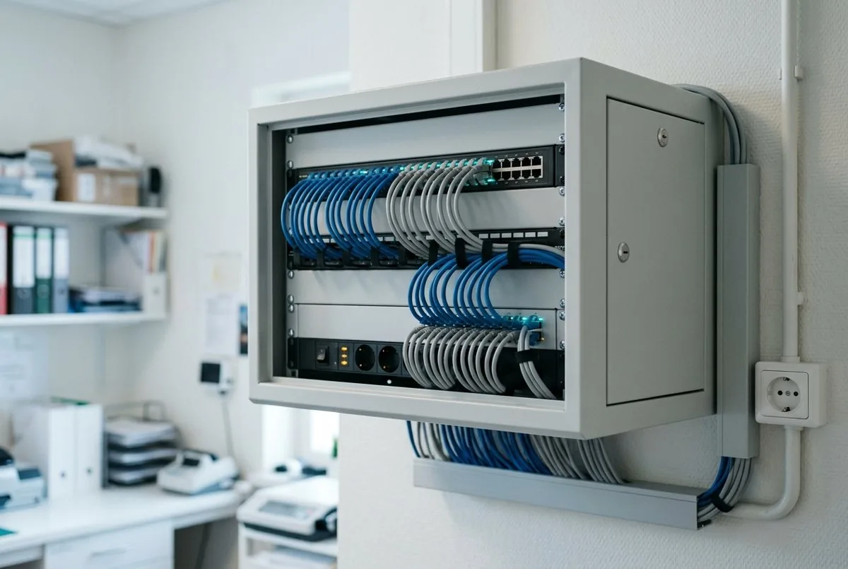 Wall-mounted network cabinet with patched cables in a practice back office