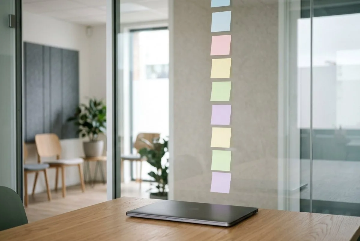 Row of coloured sticky notes on a glass wall above a closed laptop in a meeting room
