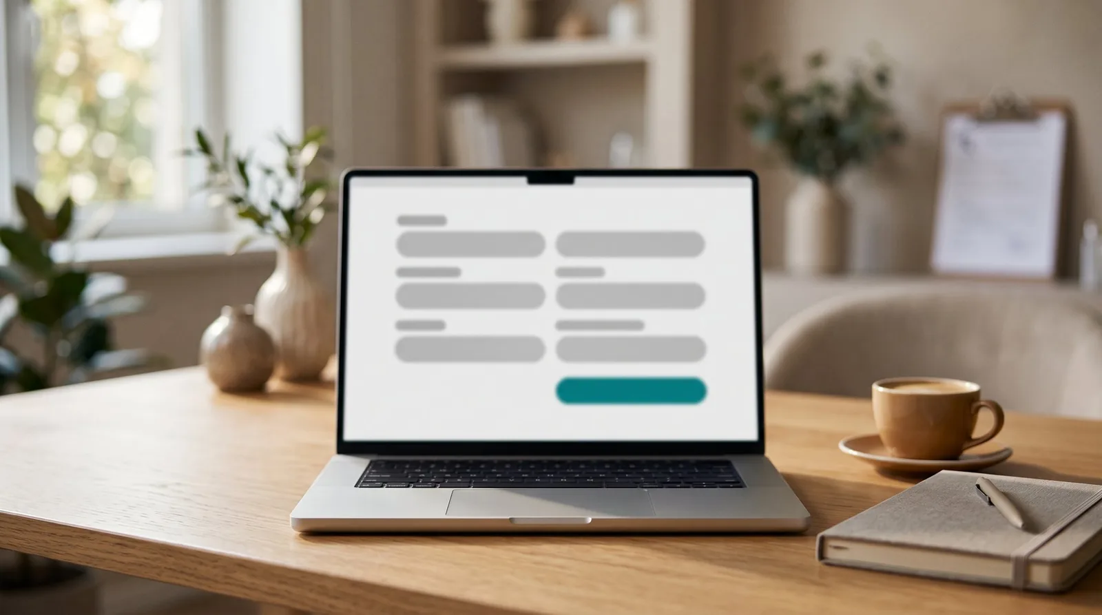 Laptop showing a simple web form on a desk beside a coffee cup and notebook