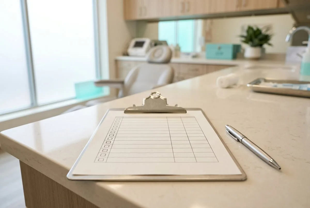 Clipboard with a blank checklist resting on a treatment room counter