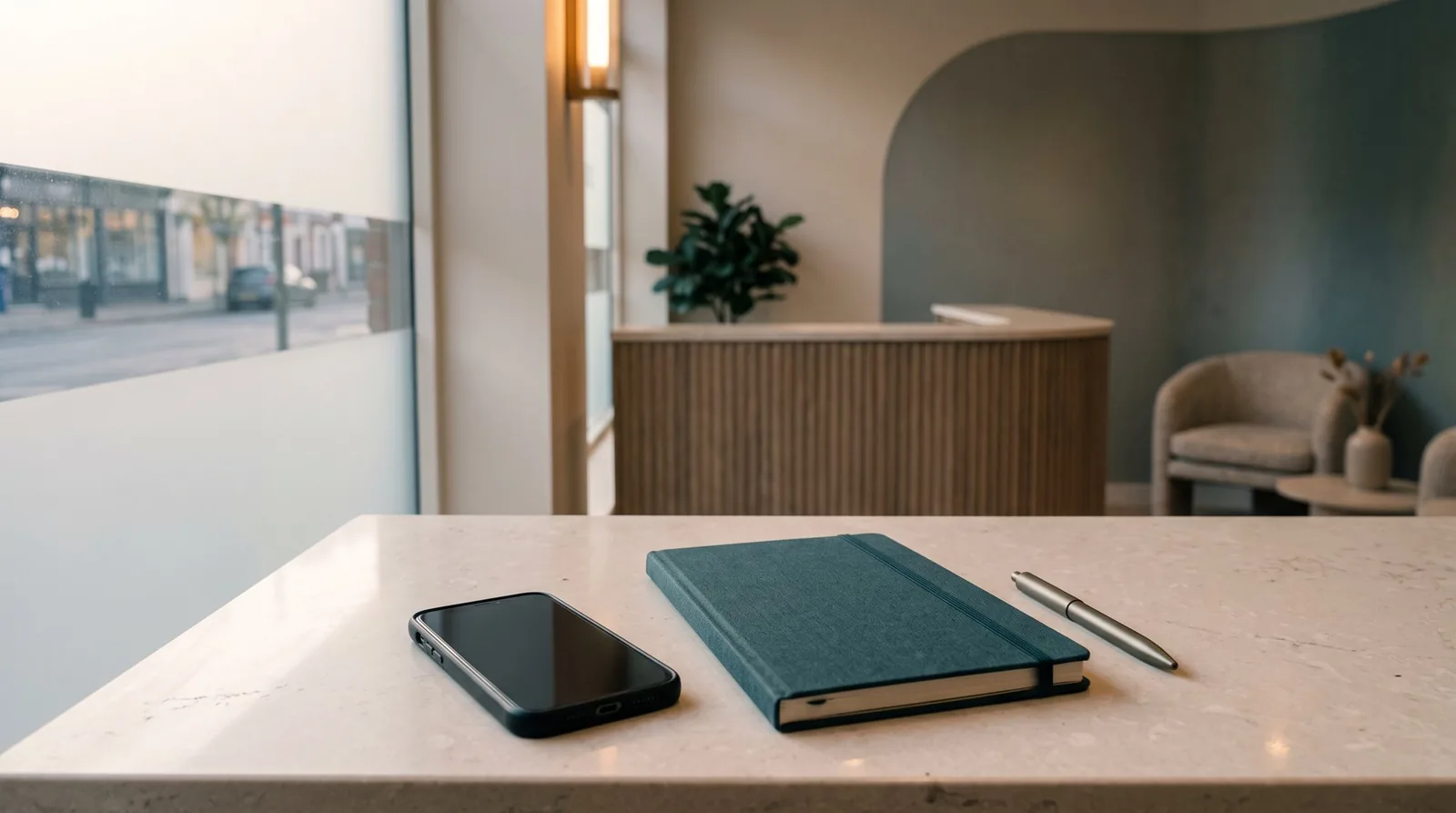 Smartphone, notebook and pen on a reception counter in a calm, modern clinic waiting area