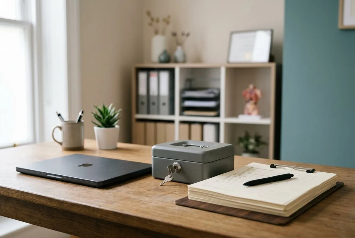 Closed laptop, locked cash box with key and a clipboard of patient forms on a practice office desk