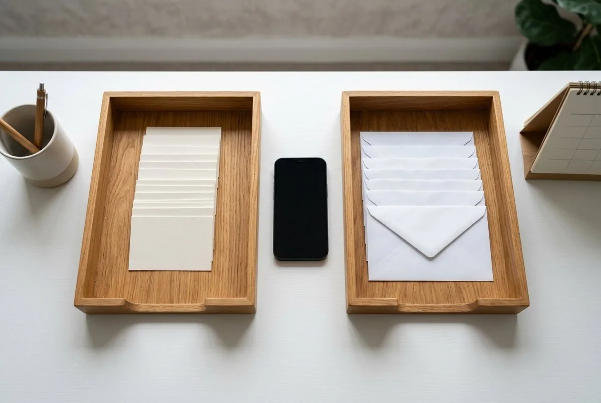 Two wooden trays, one holding blank cards and one holding envelopes, with a smartphone between them