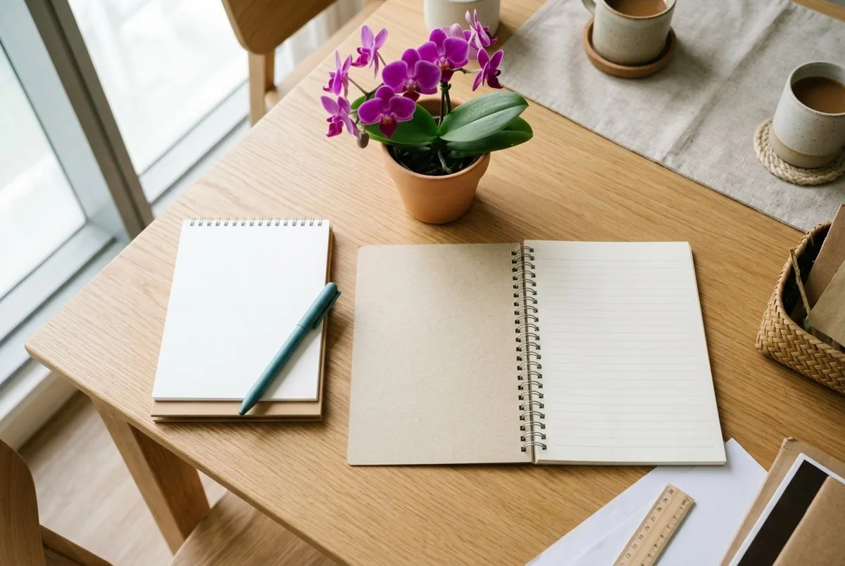 Blank notepads and a pen on a timber table beside a pot of purple orchids