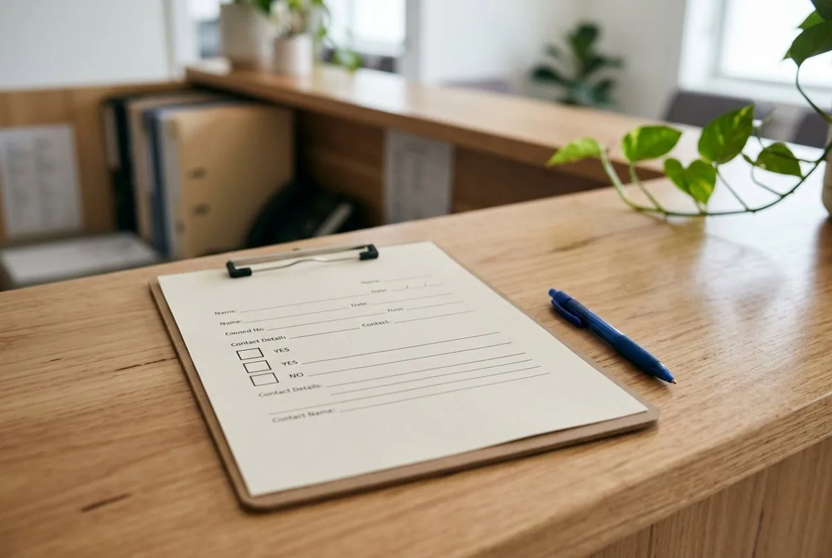 Patient registration form with yes and no consent tick boxes on a clipboard at a reception desk