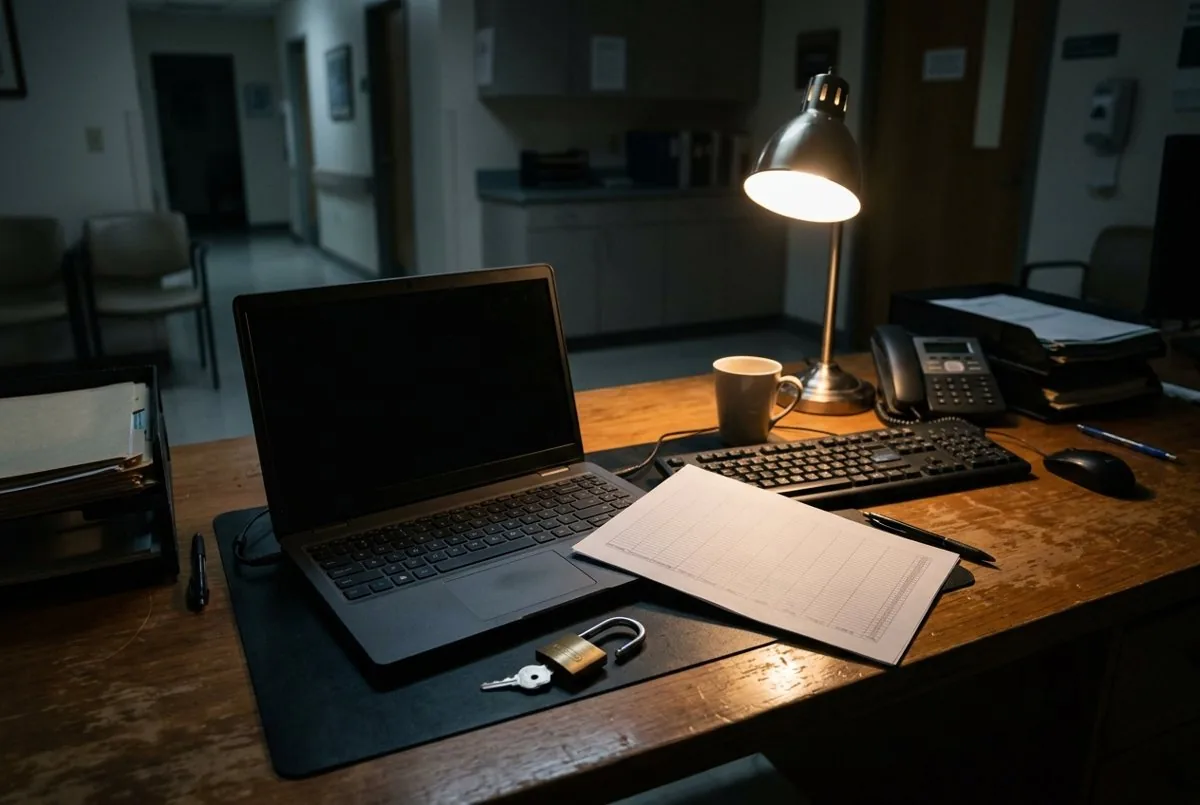 Laptop, padlock and key on a dimly lit clinic office desk after hours
