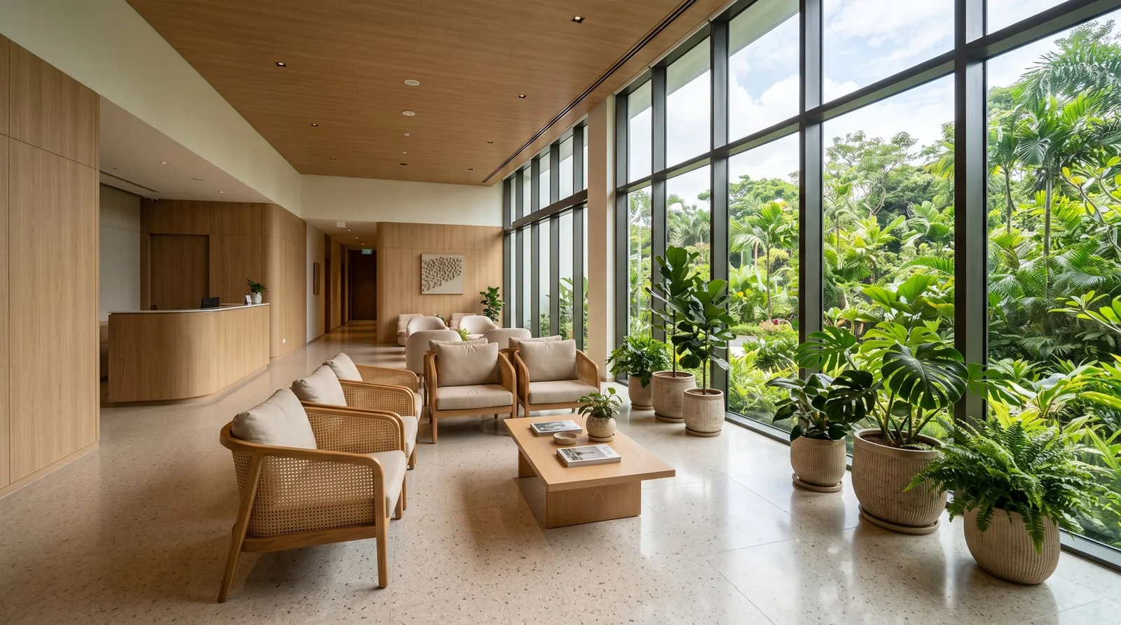 Bright clinic waiting lounge with rattan chairs and floor-to-ceiling windows onto tropical greenery