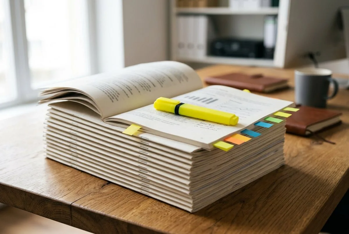 Stack of printed guidance with coloured tabs and a highlighter on a desk