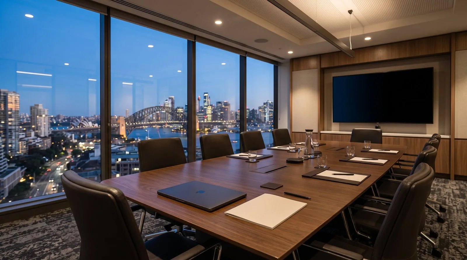 Empty boardroom overlooking Sydney Harbour at dusk, with a laptop and documents on the table